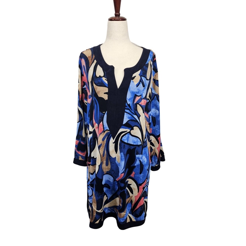 Chicos Travelers Top Womens Size 3 16/18 Blue Floral Knit 3/4 Sleeve Tunic Shirt